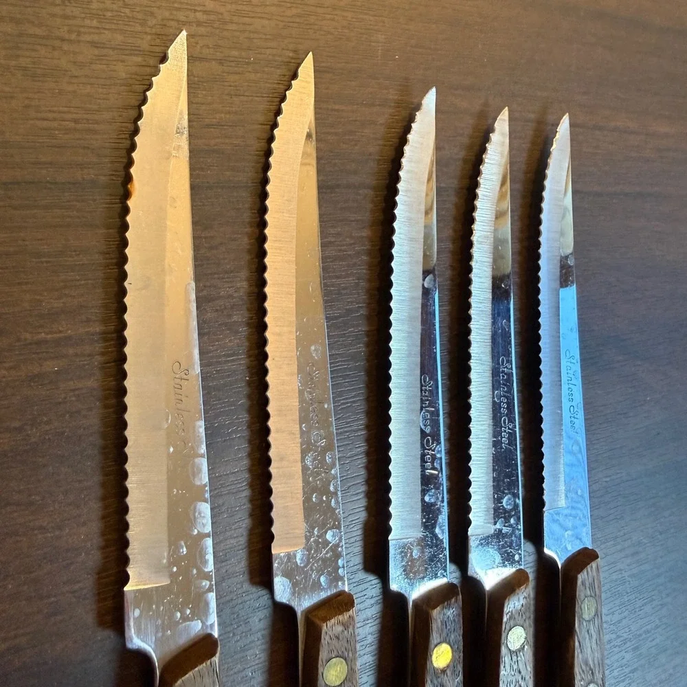 Vintage LC Japan Stainless Steel Serrated Steak Knives Wood Handle Set of 5